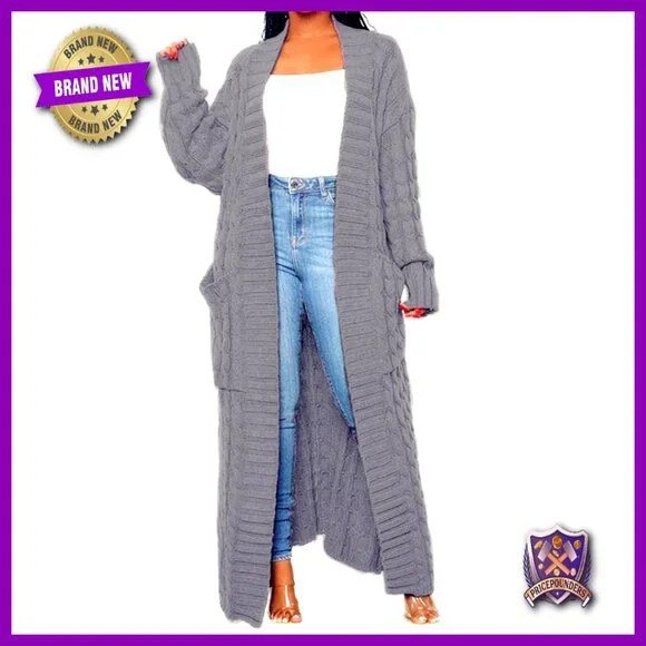 Chunky Cable Knit Cardigan with Pockets, Loose Fit, Ankle Length - Picture 1 of 6